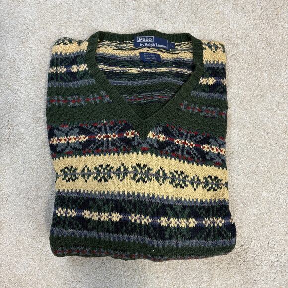 Polo Ralph Lauren Fair Isle Hand Knit Silk/Cotton/Linen Blend Sweater Size L - Picture 1 of 4